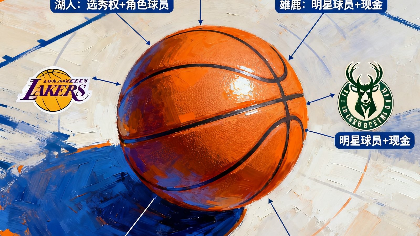 NBA交易截止日分析文章的配图，展示多支球队的交易筹码对比图表，篮球在画面中央突出，背景是交易市场的抽象艺术风格