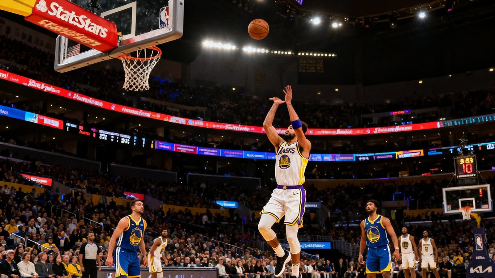 NBA常规赛湖人队与勇士队的对决画面，斯台普斯中心球馆内灯光璀璨，一名球员正在三分线外跃起投篮，全场观众屏息凝视，电子记分牌显示比分胶着